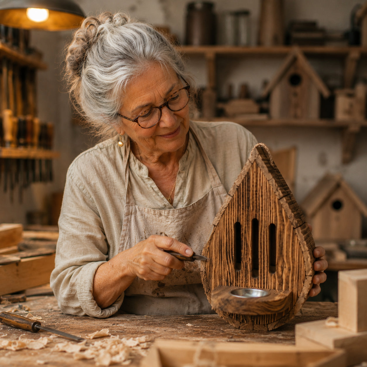 Handcrafted teardrop-shaped butterfly house made from natural wood