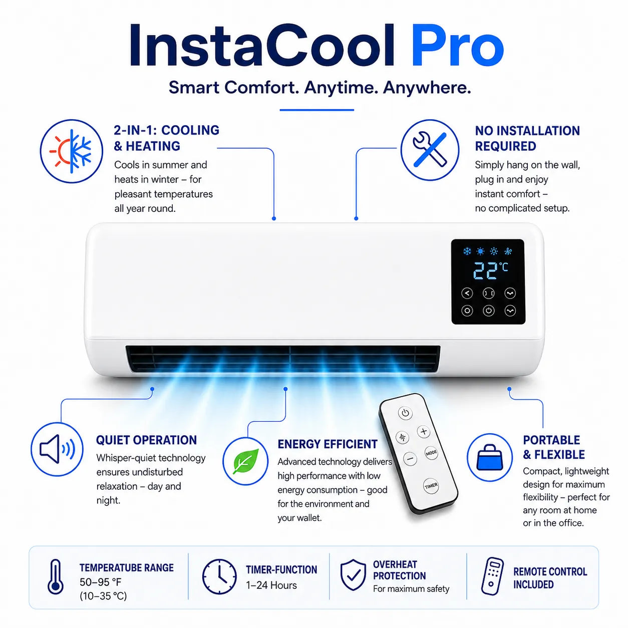 InstaCool Pro - Portable Air Conditioner & Heater – No Installation Required | 2-in-1 | Covers Up to 550 sq ft