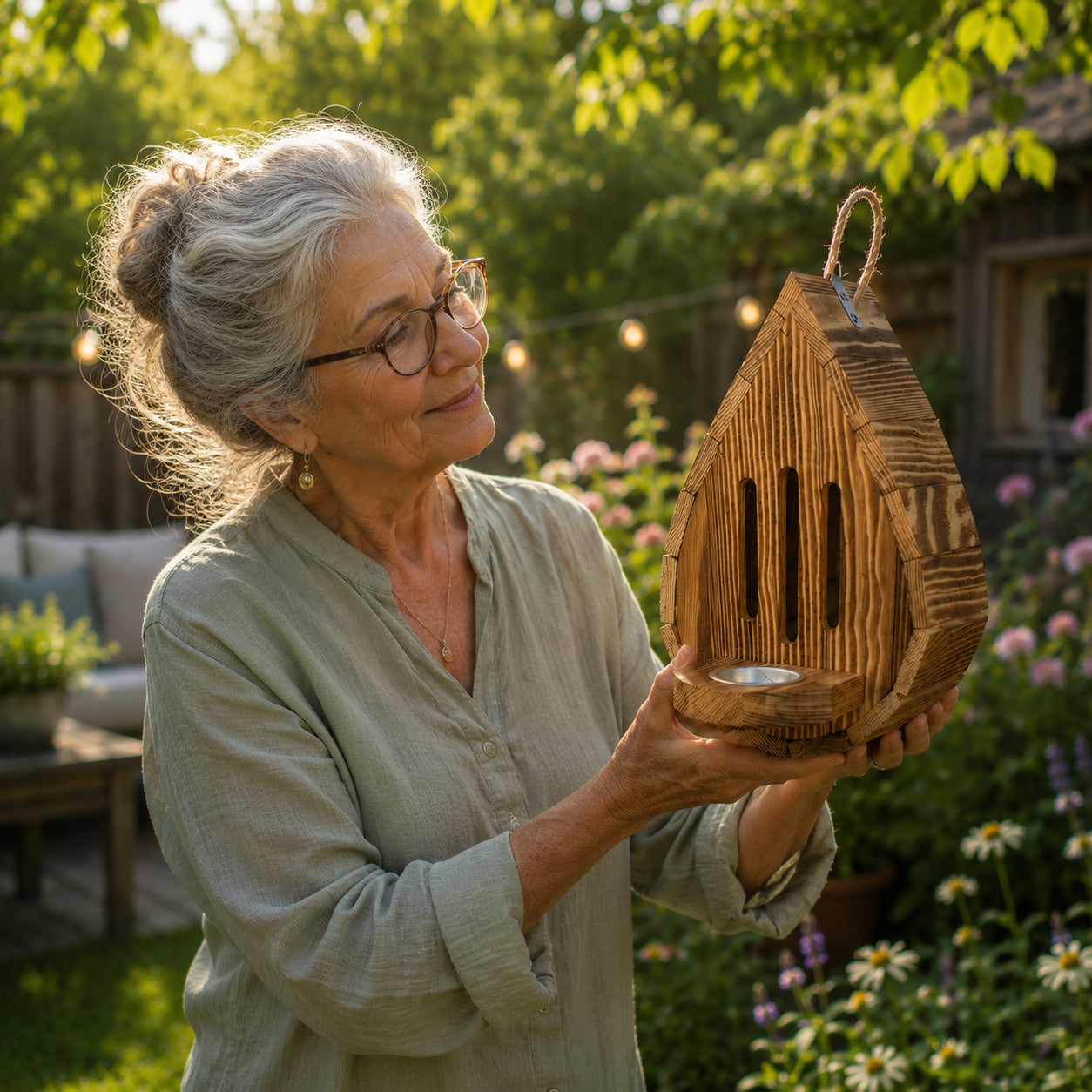 Handcrafted teardrop-shaped butterfly house made from natural wood