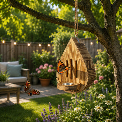 Handcrafted teardrop-shaped butterfly house made from natural wood