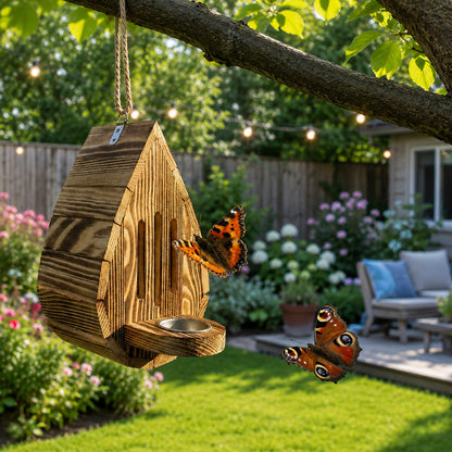 Handcrafted teardrop-shaped butterfly house made from natural wood