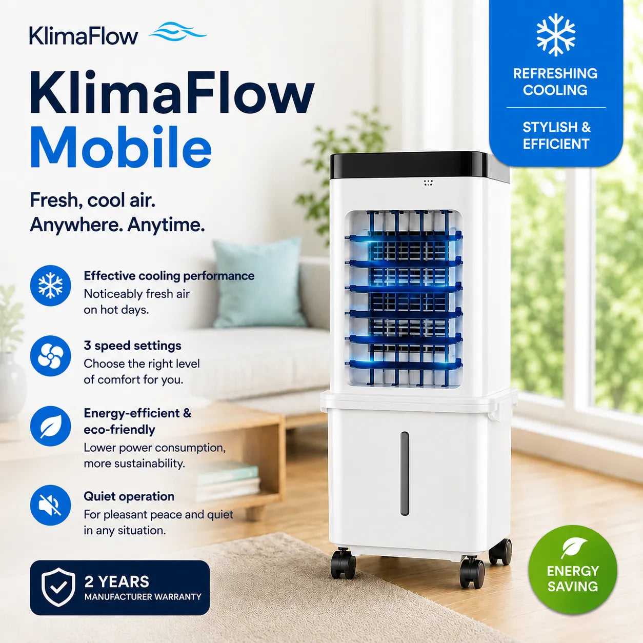 KlimaFlow Mobile – Portable Air Cooler – No Installation Required | Cools Rooms Up to 50 m²