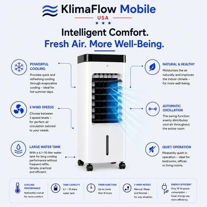 KlimaFlow Mobile – Portable Air Cooler – No Installation Required | Cools Rooms Up to 50 m²