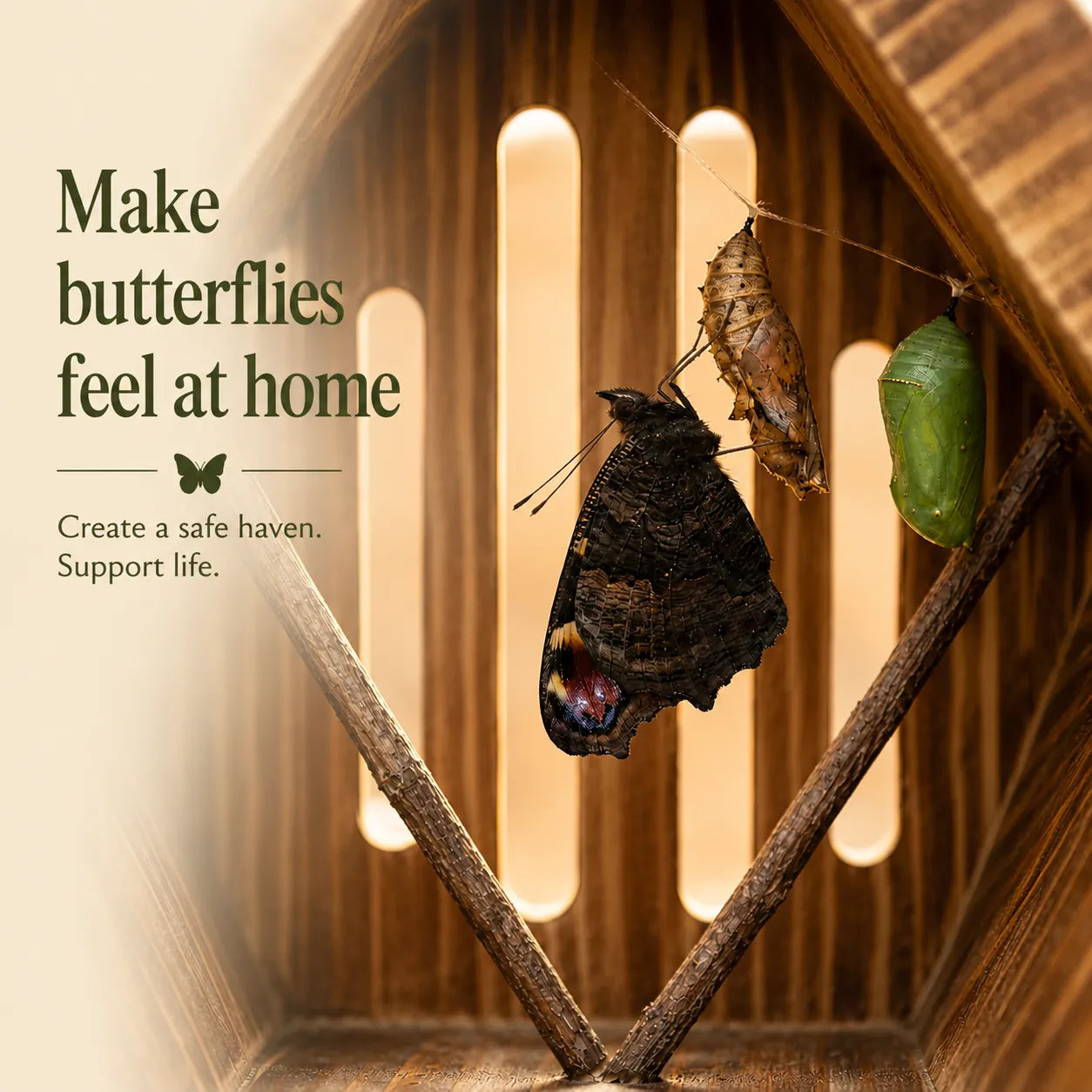 Handcrafted teardrop-shaped butterfly house made from natural wood