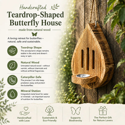 Handcrafted teardrop-shaped butterfly house made from natural wood