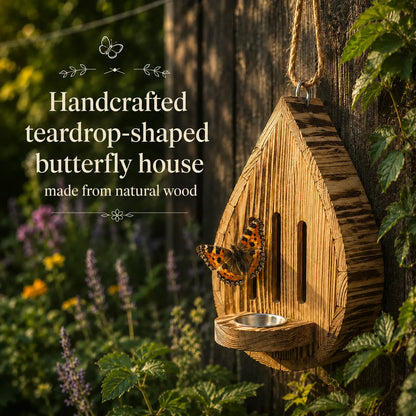 Handcrafted teardrop-shaped butterfly house made from natural wood