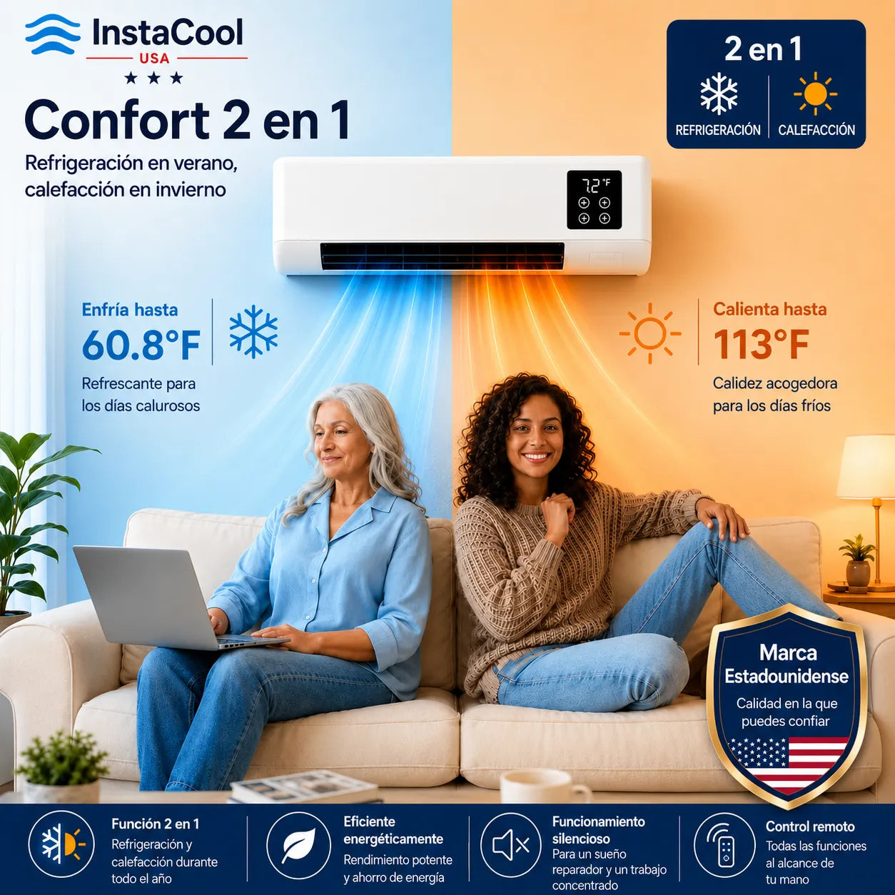 InstaCool Pro - Aire acondicionado y calentador portátil - No requiere instalación - 2 en 1 - Enfría hasta 55m2.