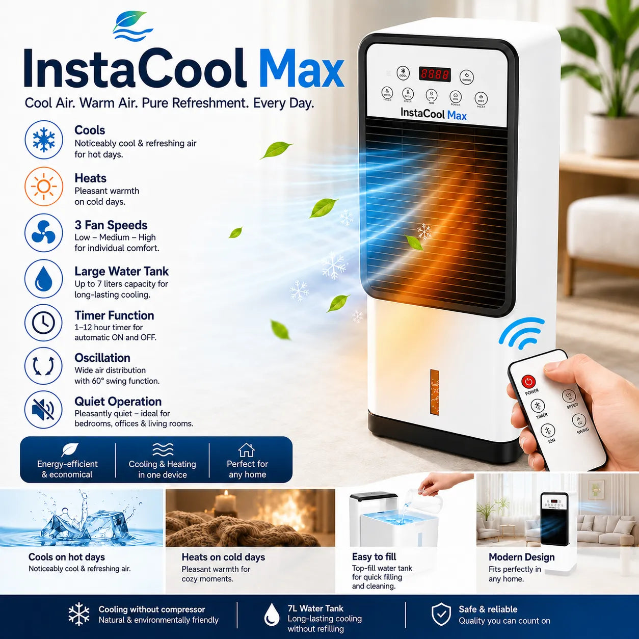 InstaCool Max - Mobile all-round air conditioner – Cools in summer, heats in winter | No installation required