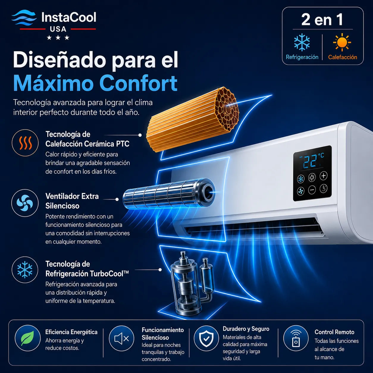 InstaCool Pro - Aire acondicionado y calentador portátil - No requiere instalación - 2 en 1 - Enfría hasta 55m2.